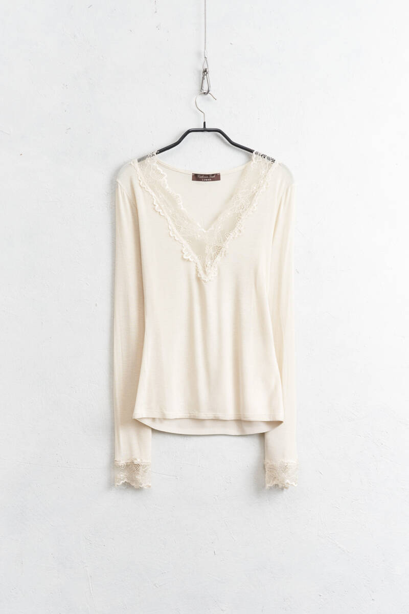 Maglia maniche lunghe pizzo panna