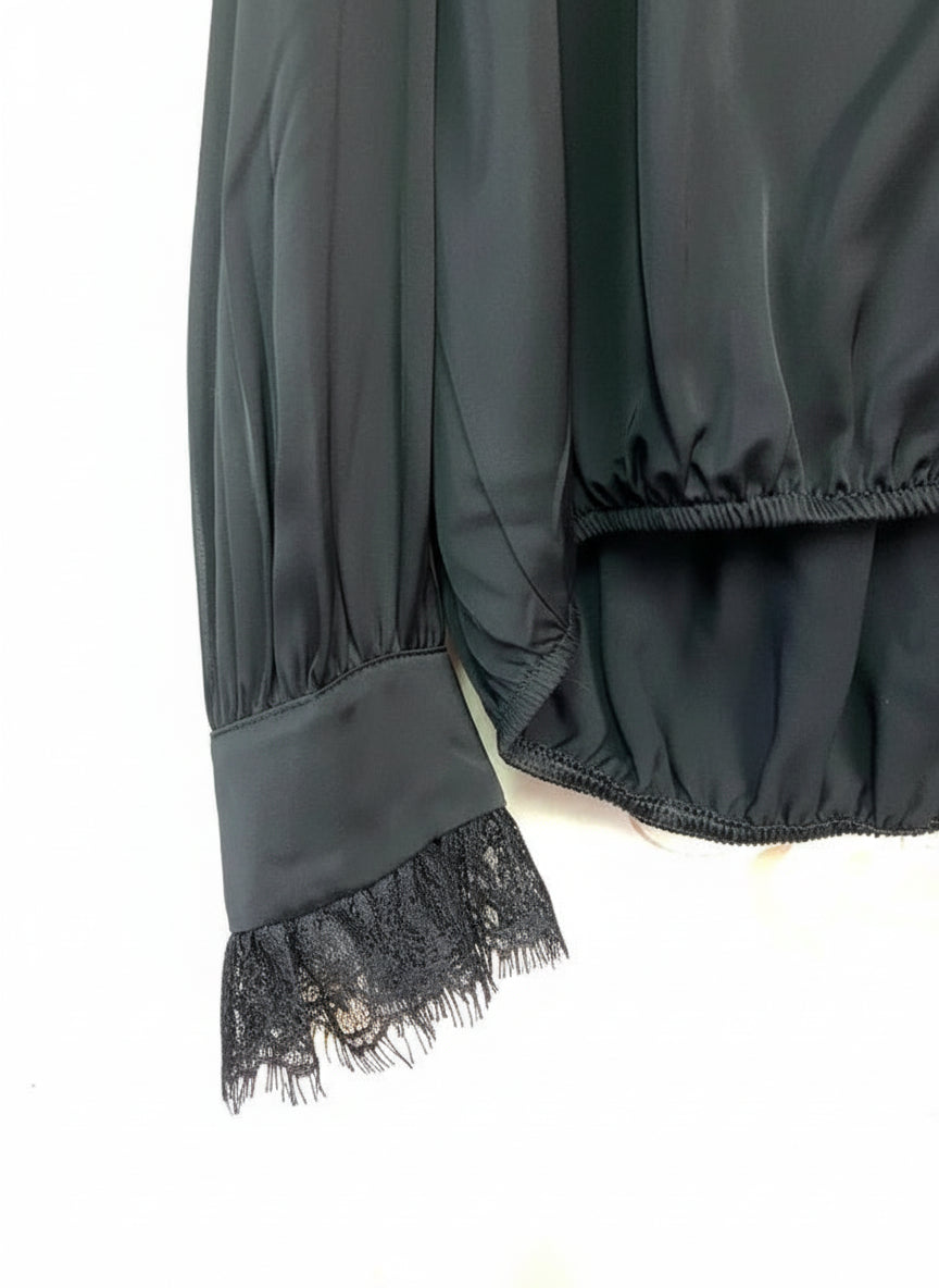 Blusa nera maniche lunghe pizzo — M/L