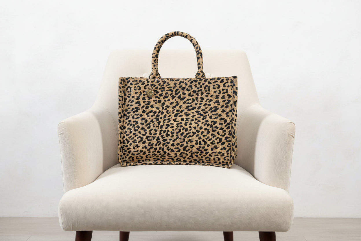 borsa shopping tessuto  beige e nero