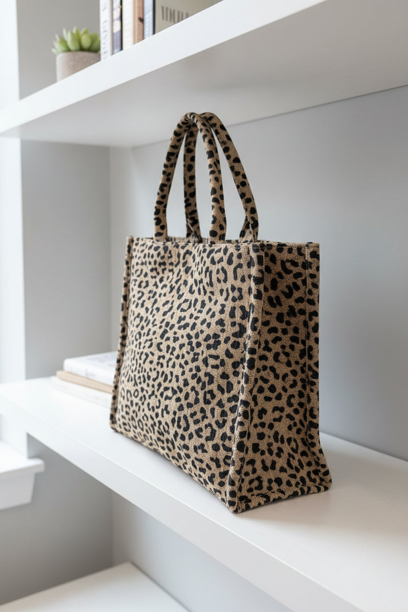 borsa shopping tessuto  beige e nero