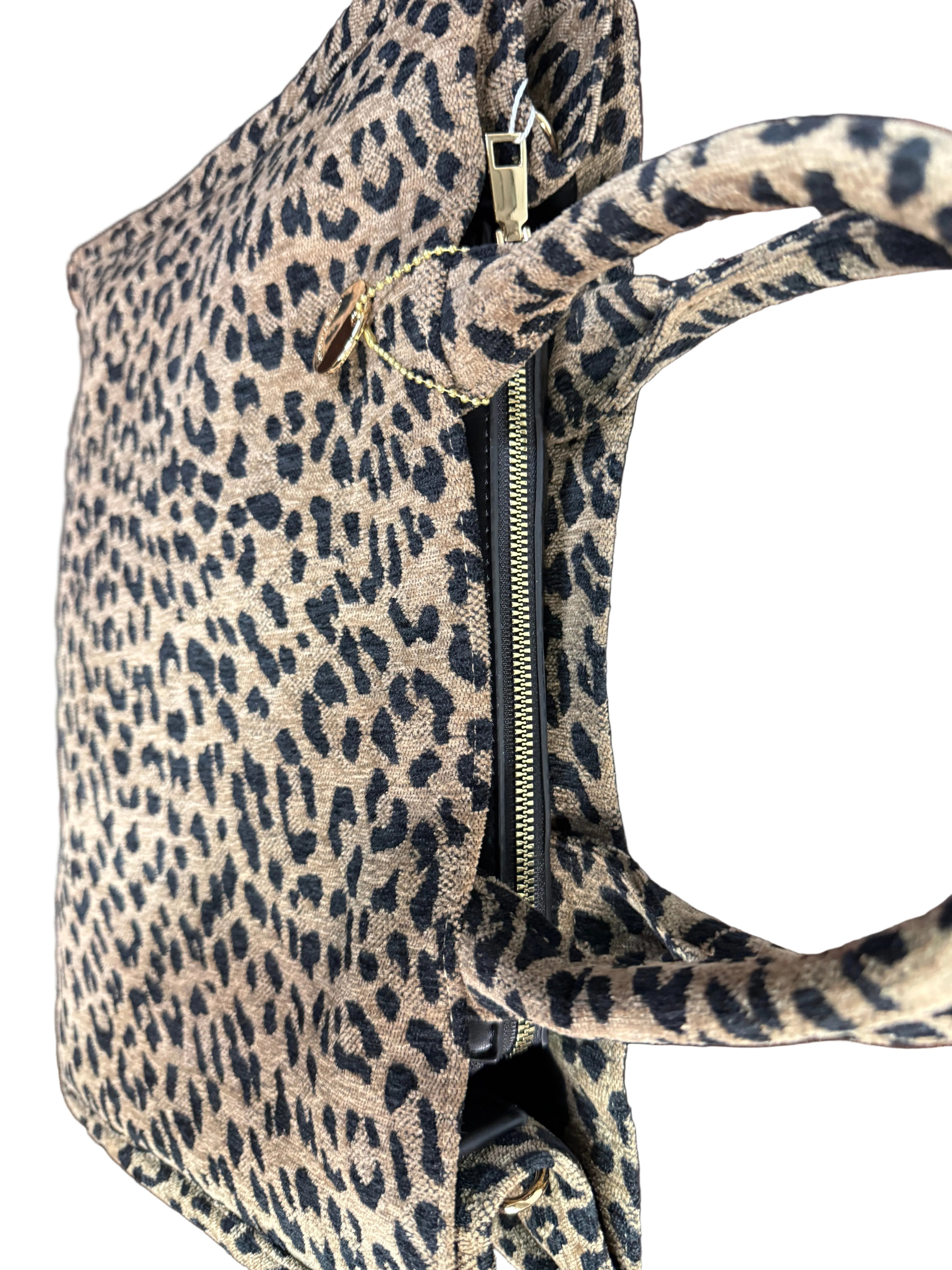 borsa shopping tessuto  beige e nero