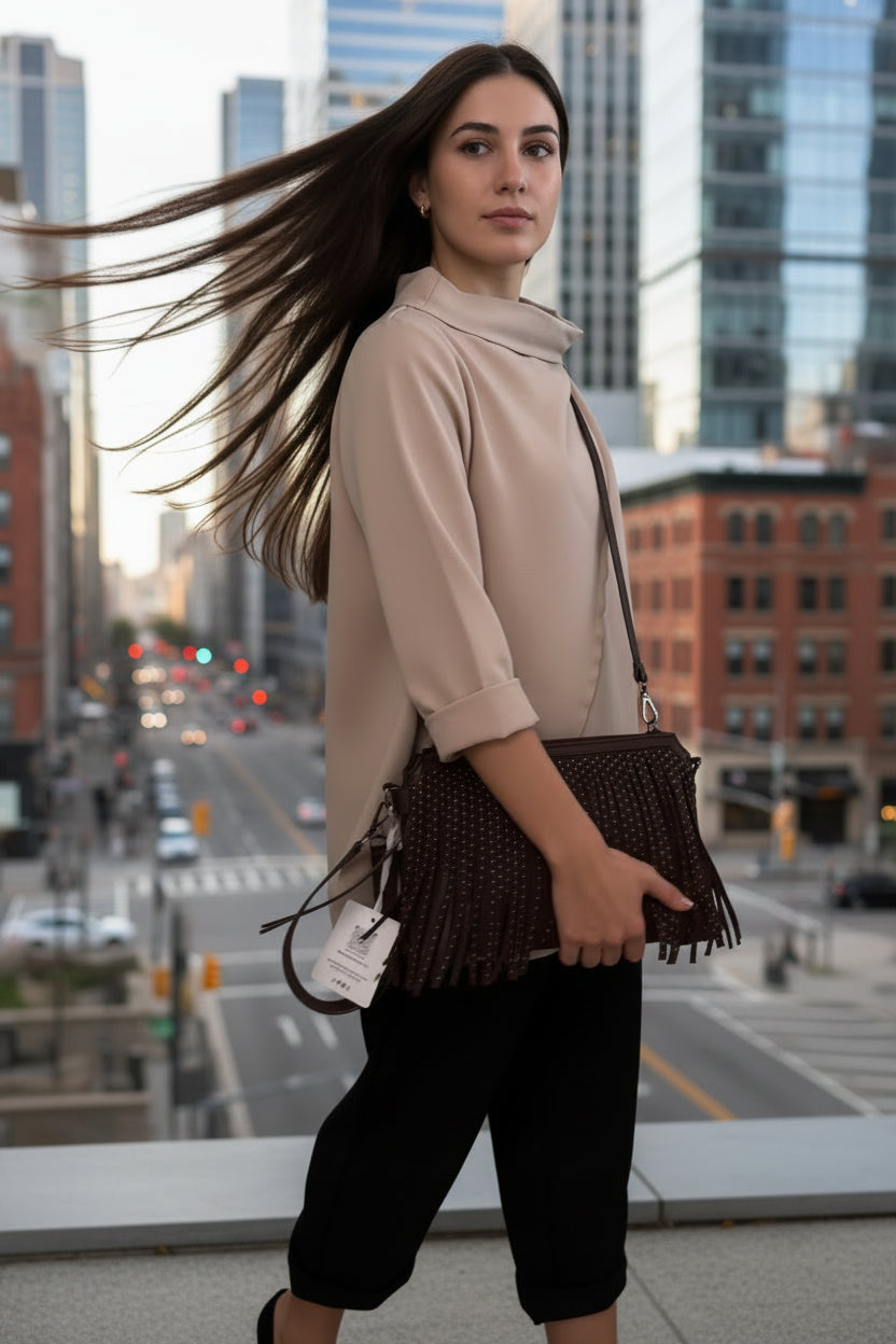 Borsa ecopelle marrone con frange