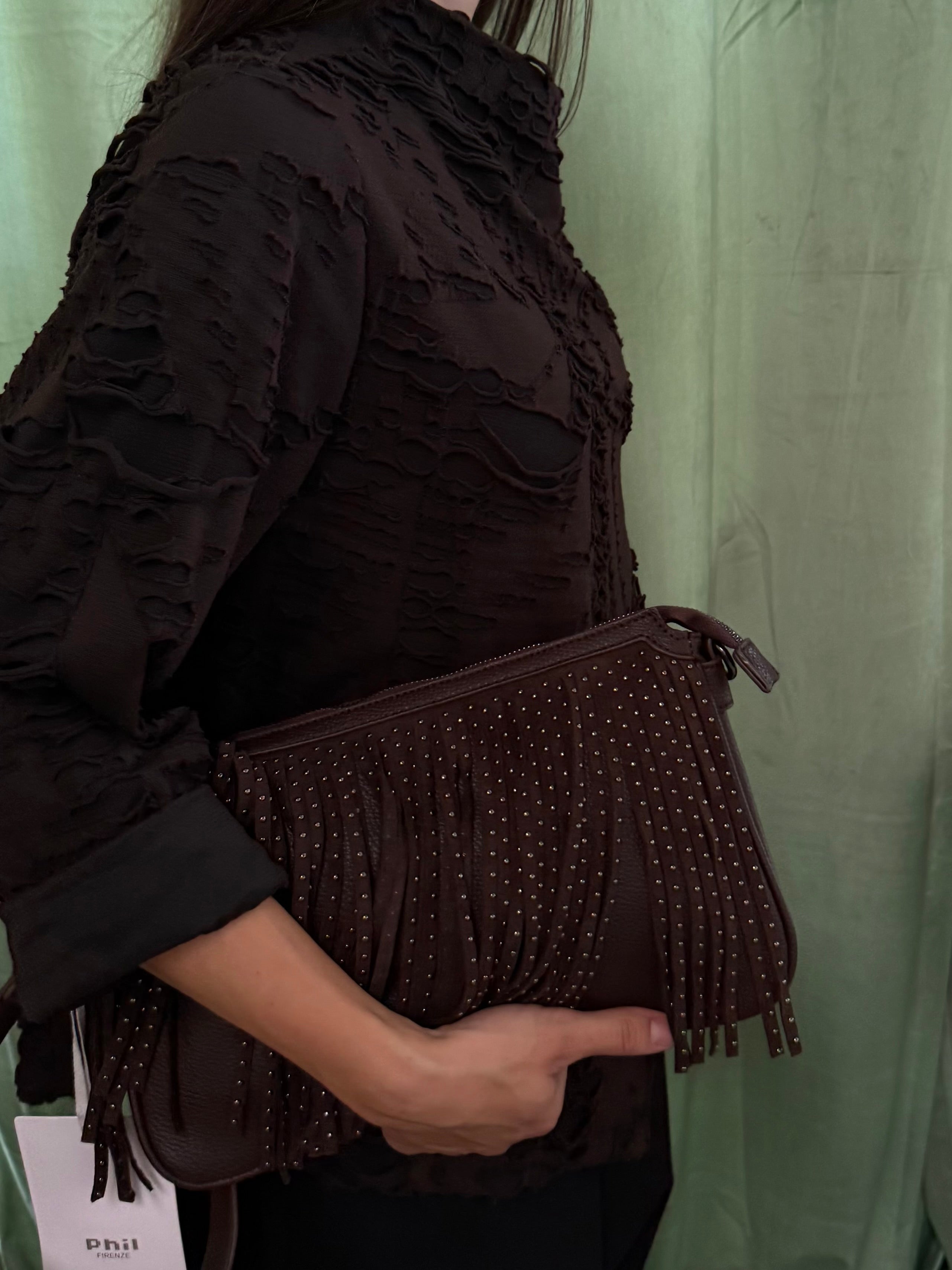 Borsa ecopelle marrone con frange