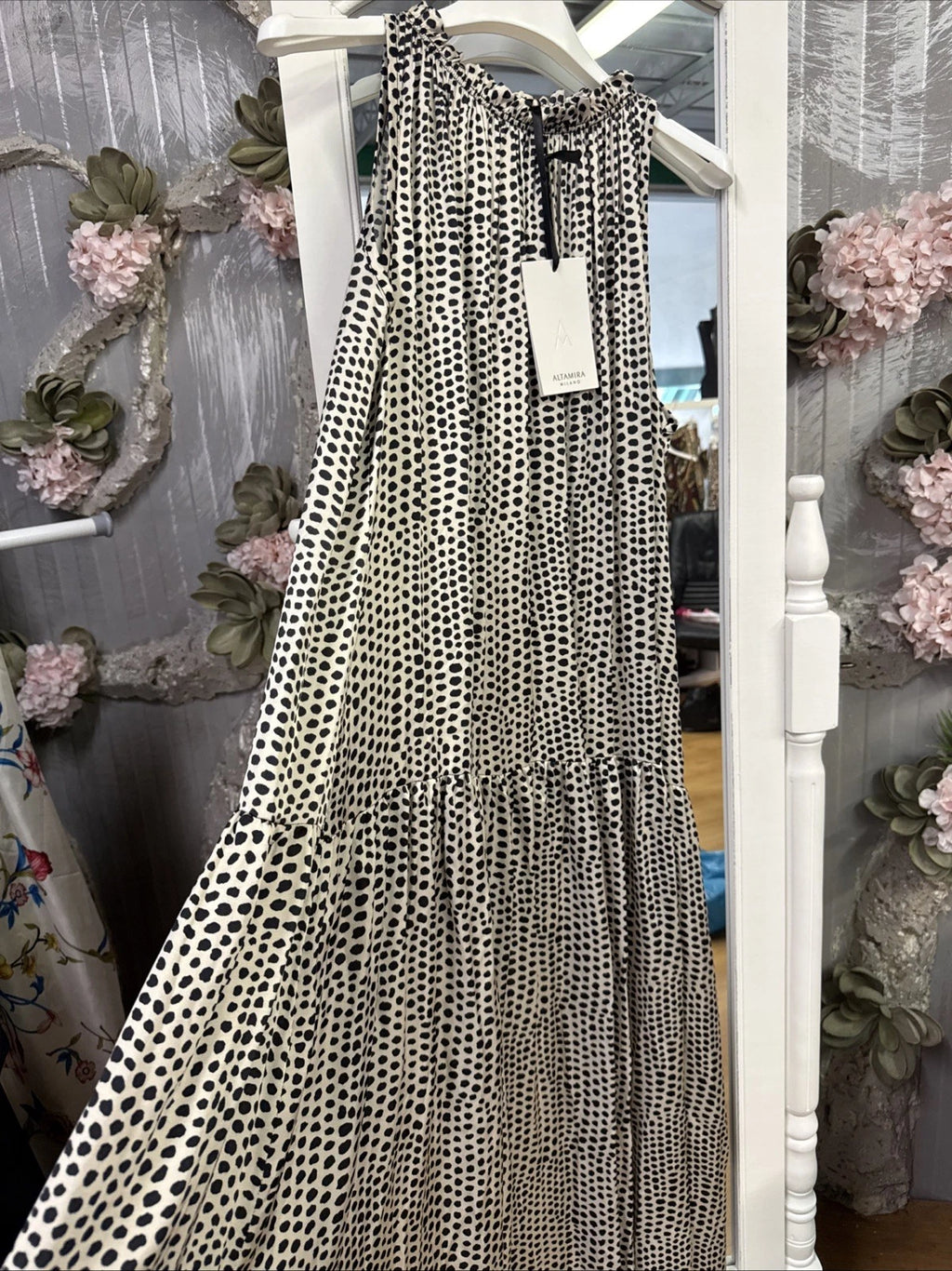 vestito donna lungo fantasia nero avorio Altamira Milano