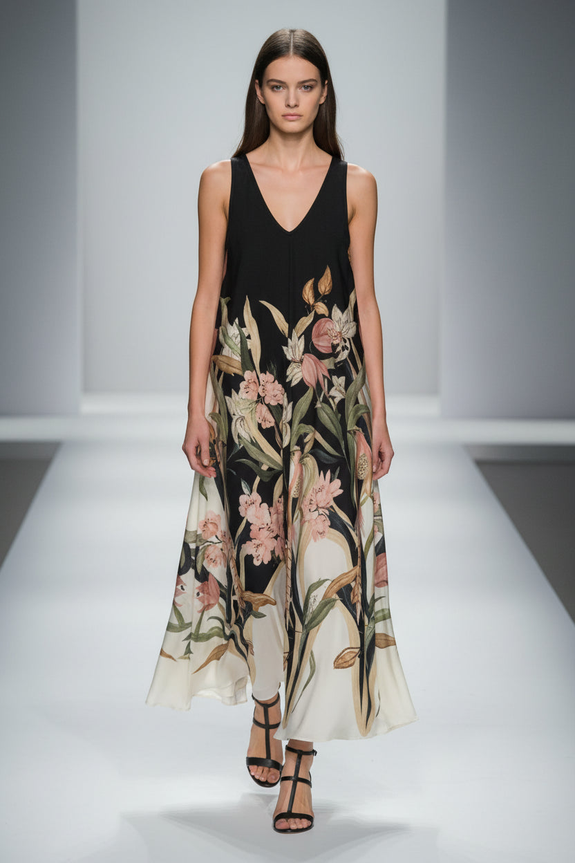 Vestito Lungo Fantasia floreale nero e bianco