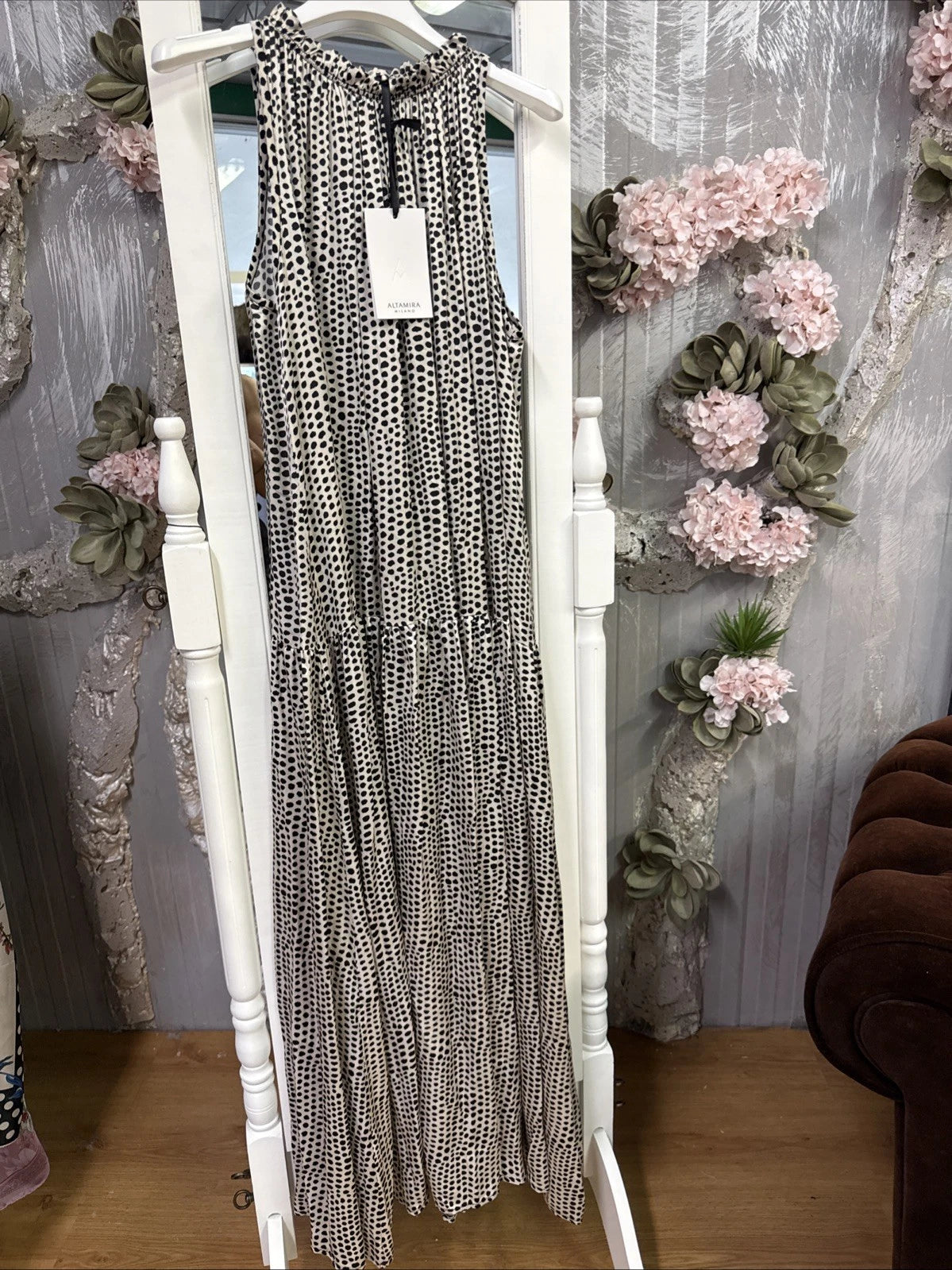 vestito donna lungo fantasia nero avorio Altamira Milano